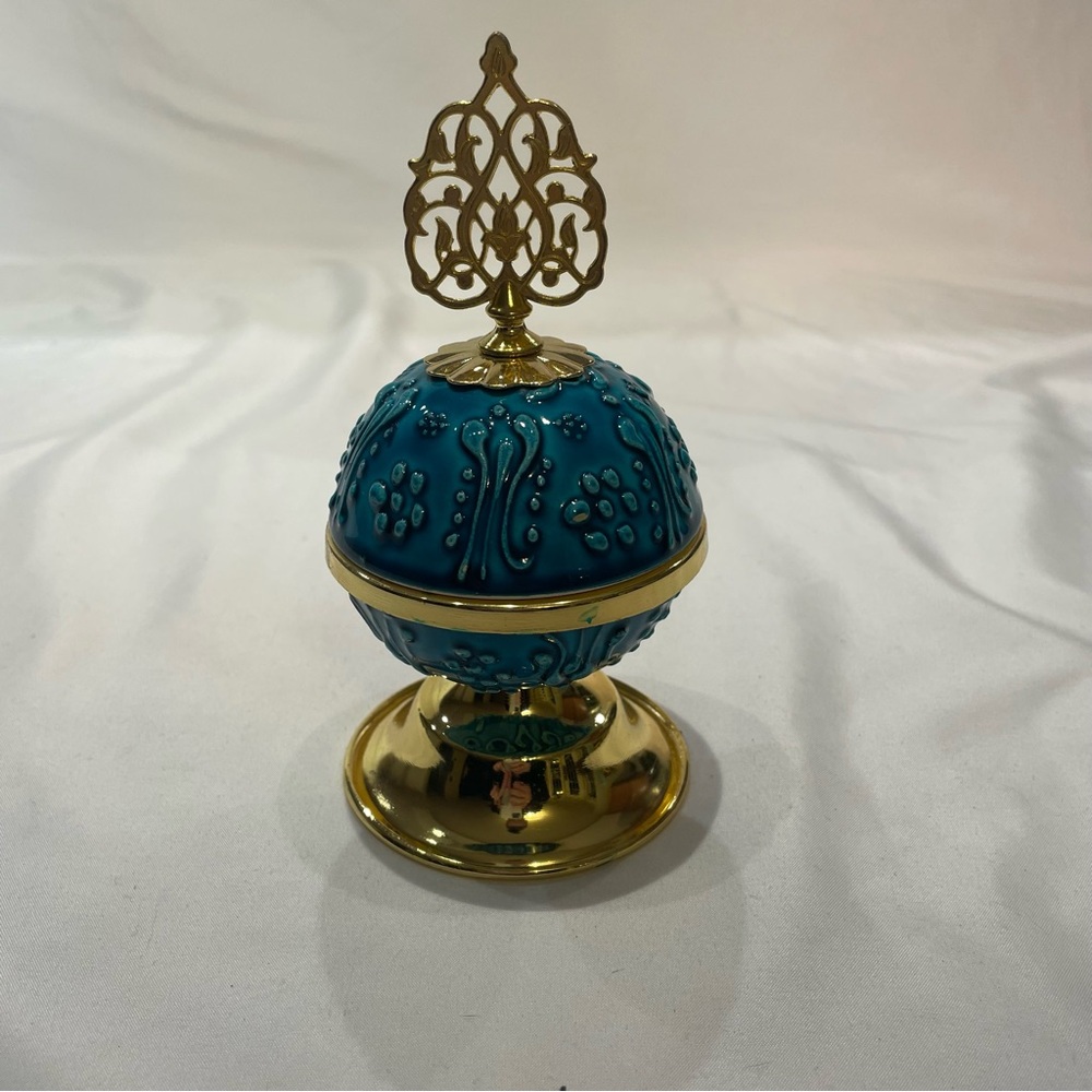 Ornate Blue and Gold Trinket Box Chalice removable lid home decoration metallic